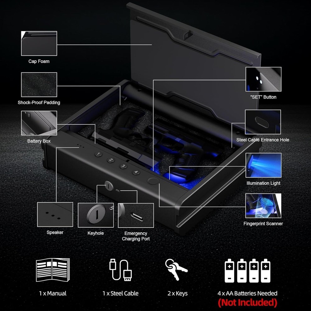 Quick Access Fingerprint Pistol Safe with Interior Light Features