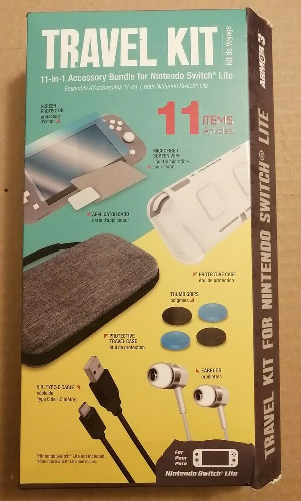 Armor3 Travel Kit: Case Earbuds Screen Protector Cable Grip Nintendo Switch Lite