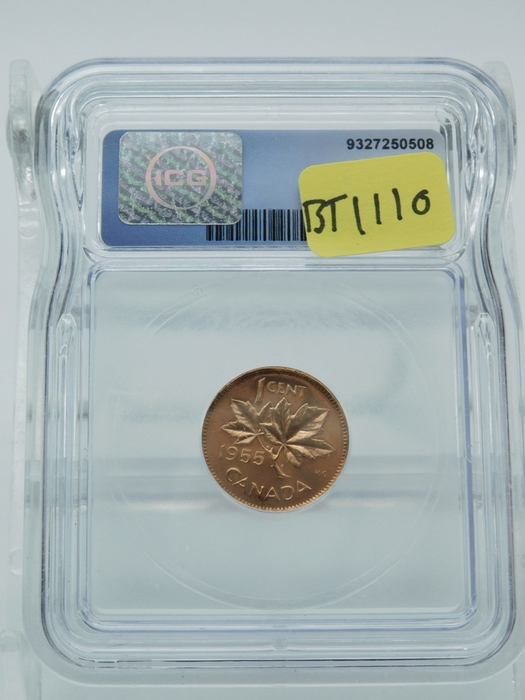 1955 GRADED RED CANADA SMALL CENT ~ ICG MS65 RD (BT1110)