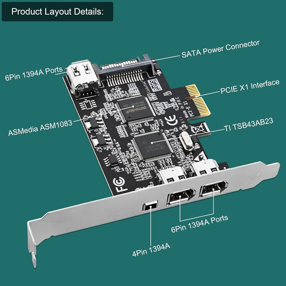 Texas Instruments PCIe Firewire 400 Card - 4 Ports for Windows & Mac Devices