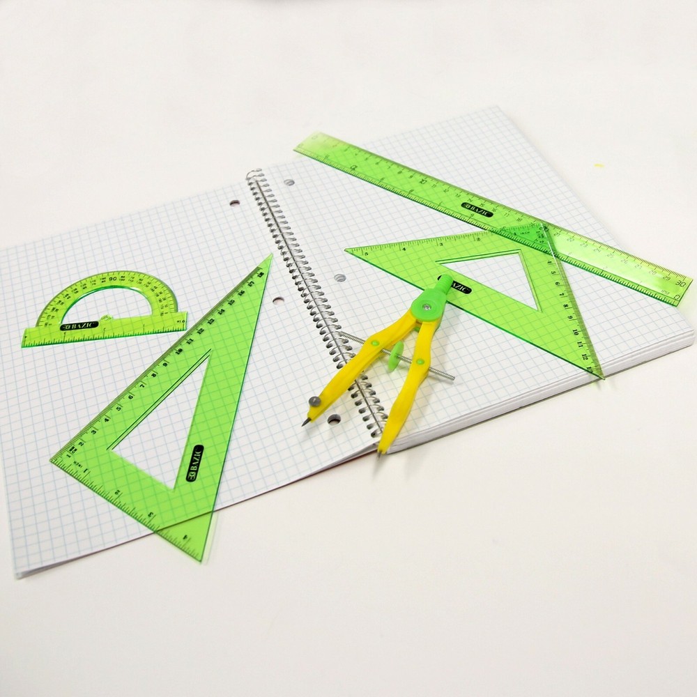 5-Piece Geometry Ruler Straight Triangle Protractor Compass Bazic New