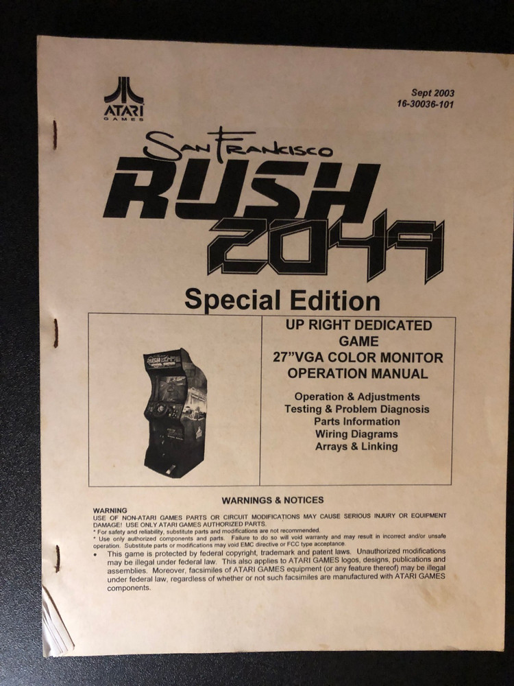 ATARI SAN FRANCISCO RUSH 2049 SPECIAL EDITION OPERATION MANUAL ORIGINAL ARCADE