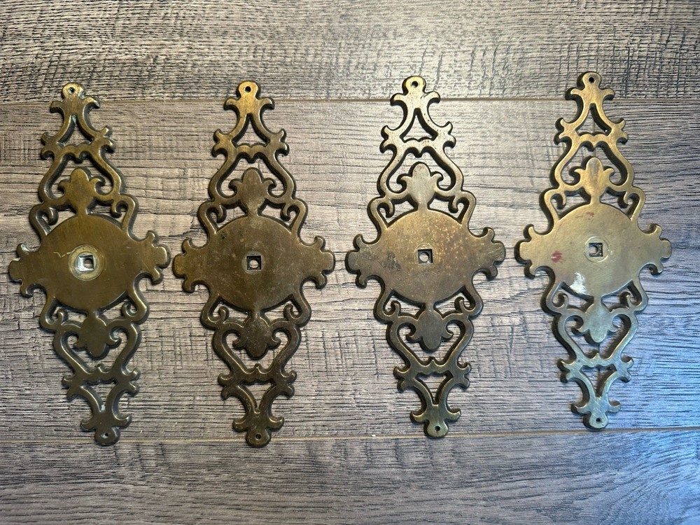 4-VINTAGE Amerock DRAWER PULLS Back Plate  Brass Holes Scrolls Open Work