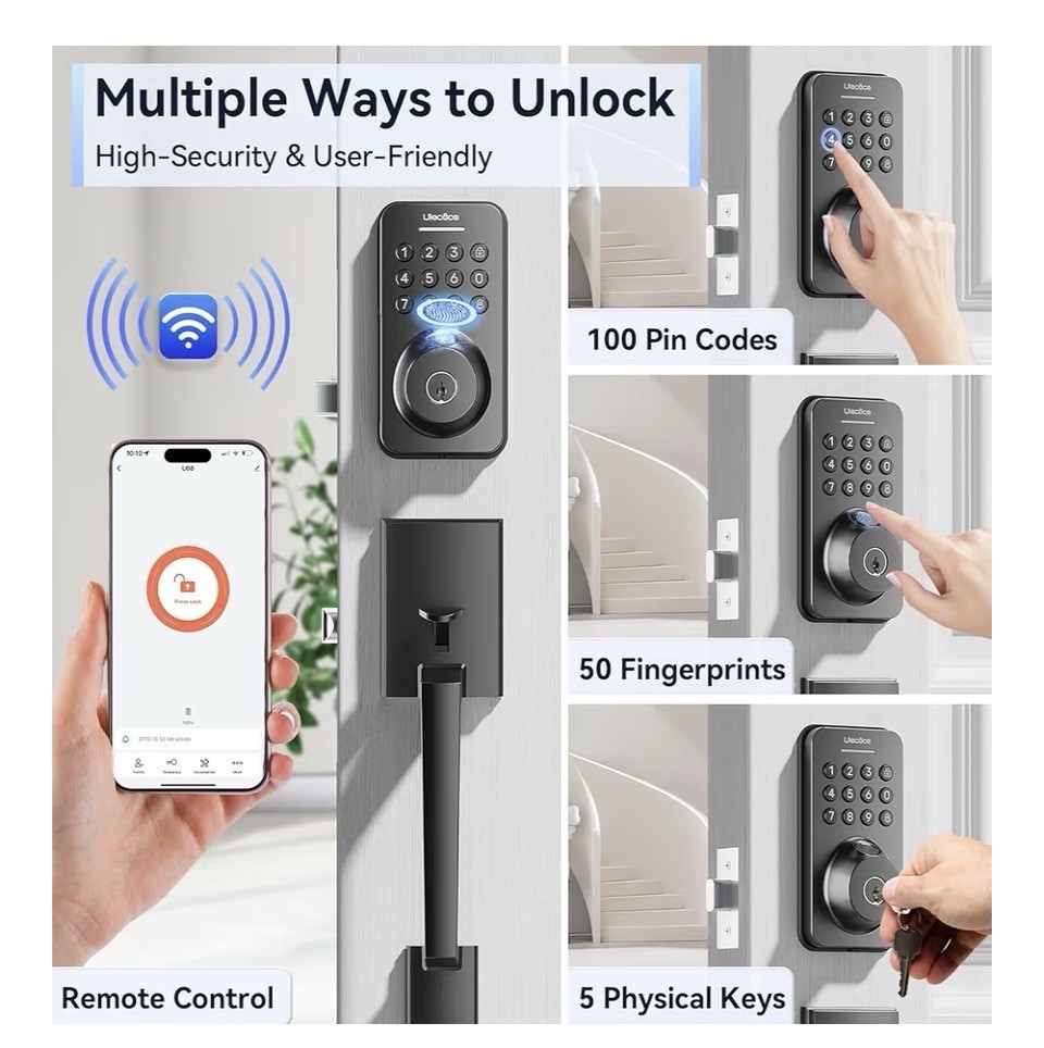 Fingerprint Keypad DeadboltFront Door Lock Set, App Control, Auto Locking