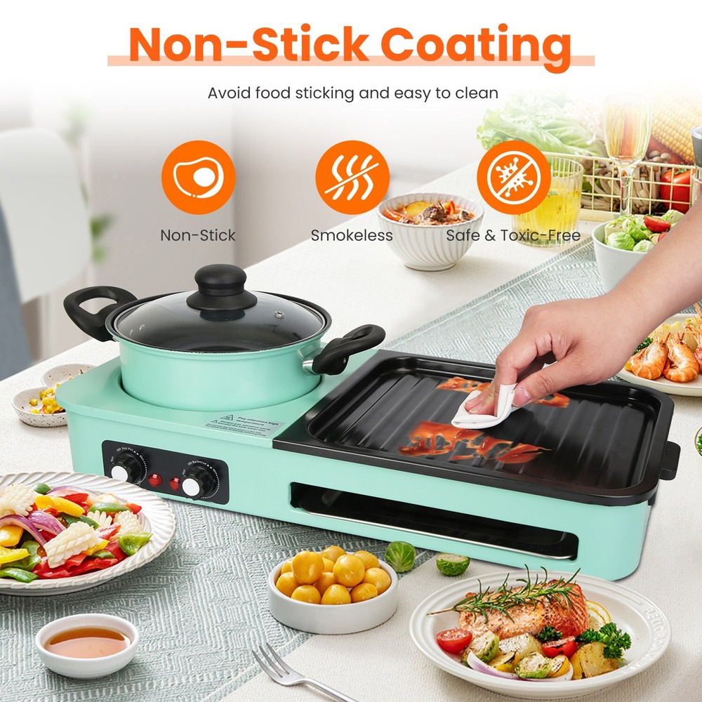 Electric Grill with Hot Pot Tempered Glass Lid Adjustable Temperature Control