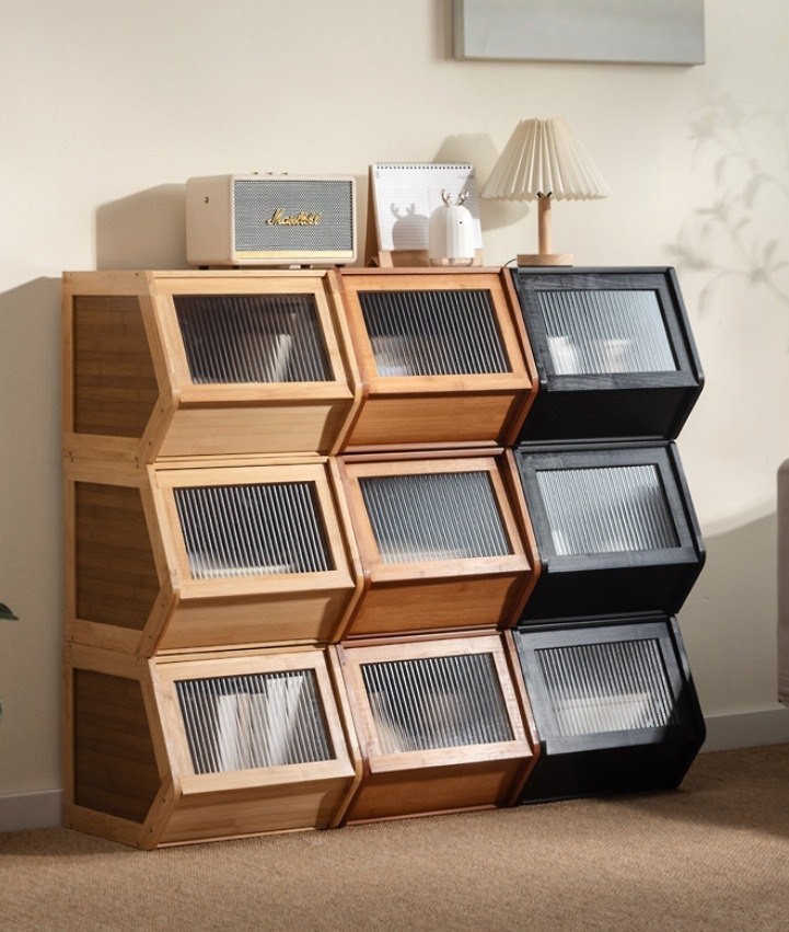 Modular Stackable Wood Storage Unit, Transparent Front, Brown/Black Finish