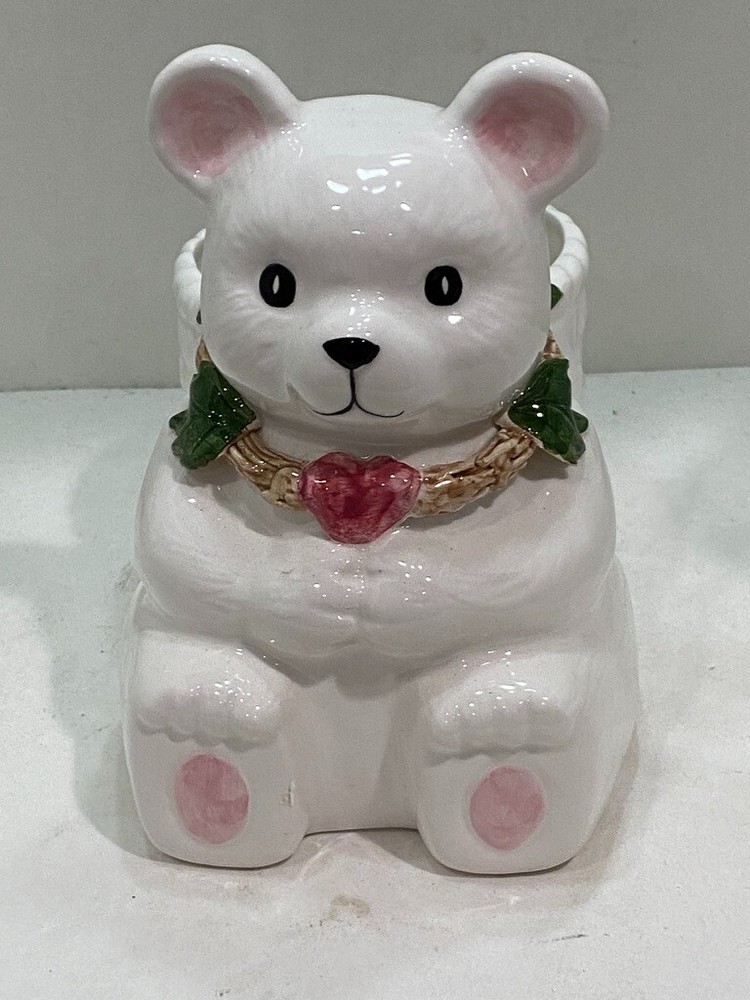 White Ceramic Teddy Bear Woven Basket Planter
