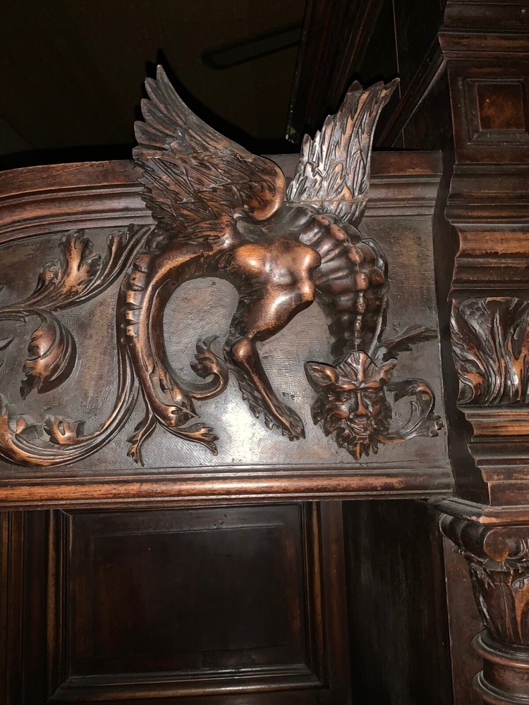 Antique Renaissance Carved Figural Cabinet Cupboard Devil Faces Dragons Griffins