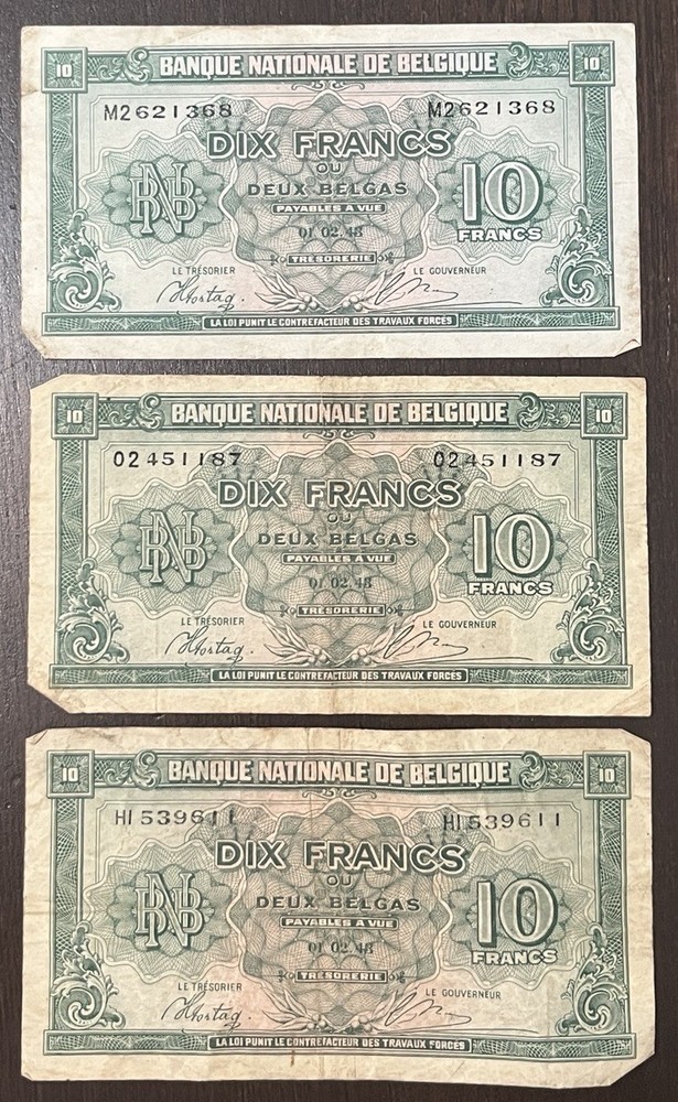 BELGIUM 1943 10 FRANCS WWII 3 BANKNOTES