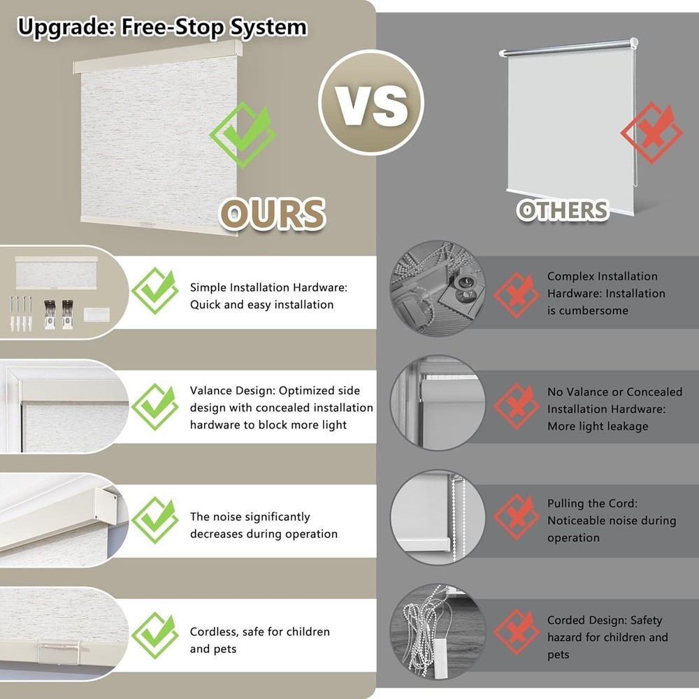 Cordless Blackout Roller Shades Blinds, Free-Stop, Pull Down - Linen 52" x 72"