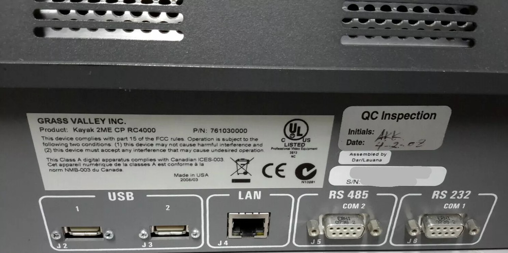 Grass Valley Kayak 2ME CP RC4000 Control Panel no power supply