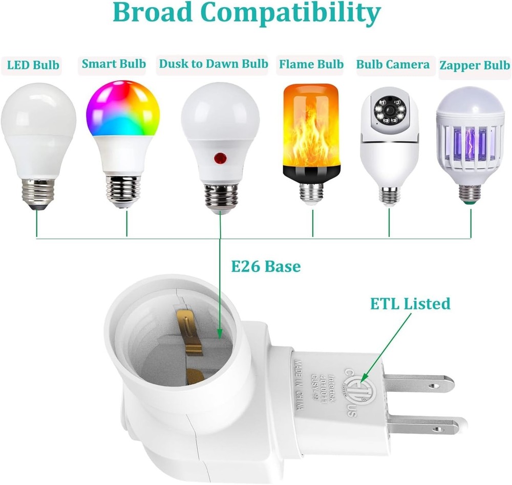 Versatile Light Socket Adapter - 360° Adjustable Plug & Safety Certified, White