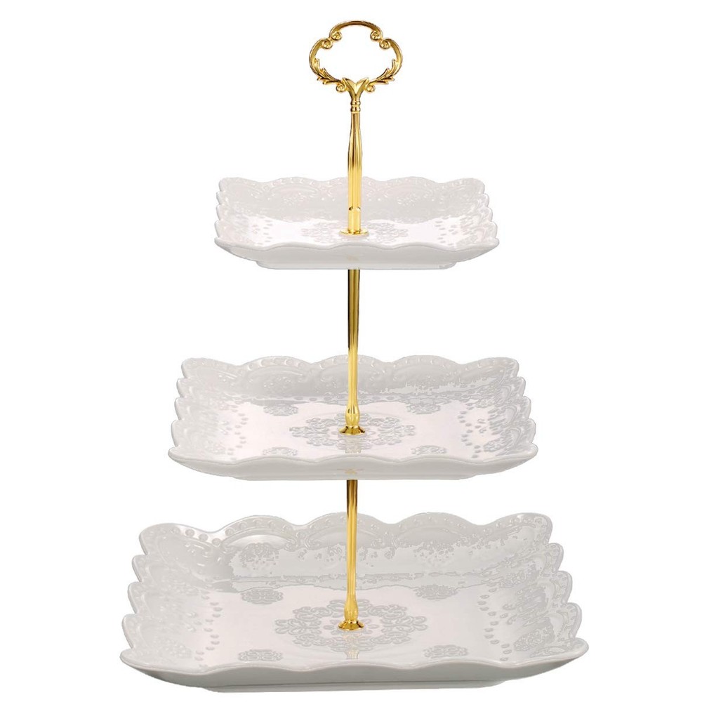 3 Tier Porcelain Cupcake Stand, Tiered Serving Cake Stand, Square White Embos...