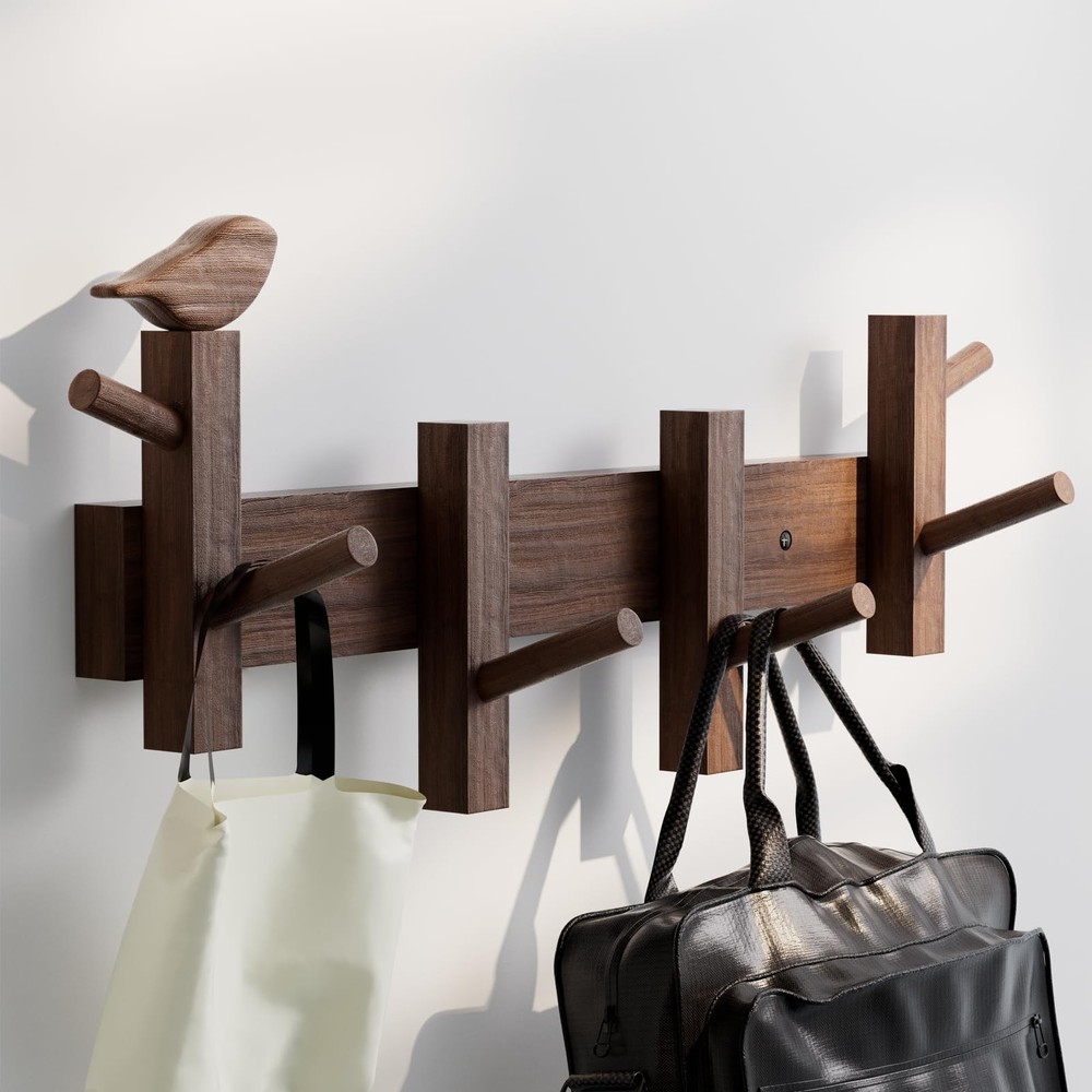 Coat Rack Wall Mount，Solid Acacia Wall Mounted Coat Rack with 4+2 Heavy Duty ...