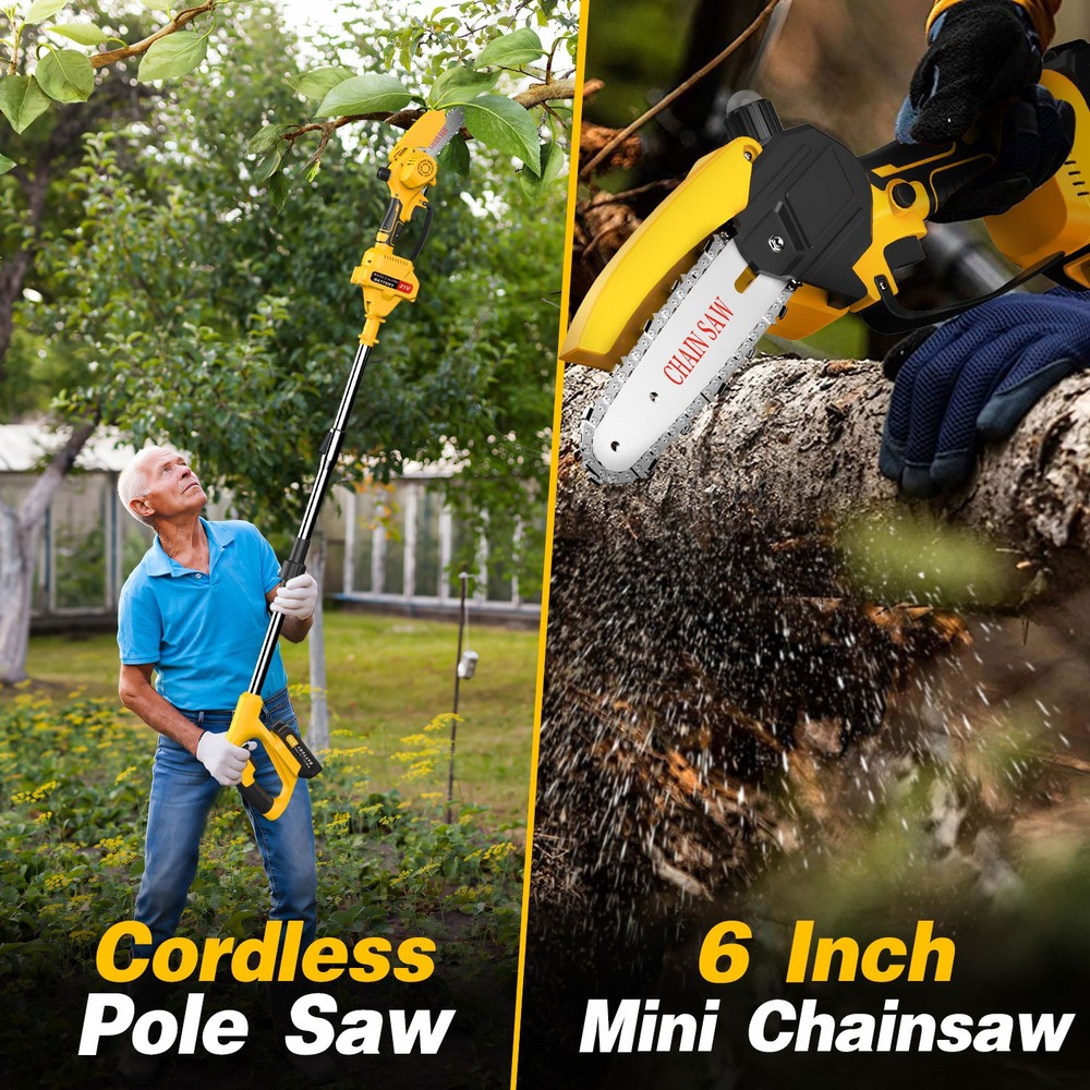 Cordless Pole Saw Mini Chainsaw 2-in-1 Tree Trimming 6”Extension Rod Adjustable