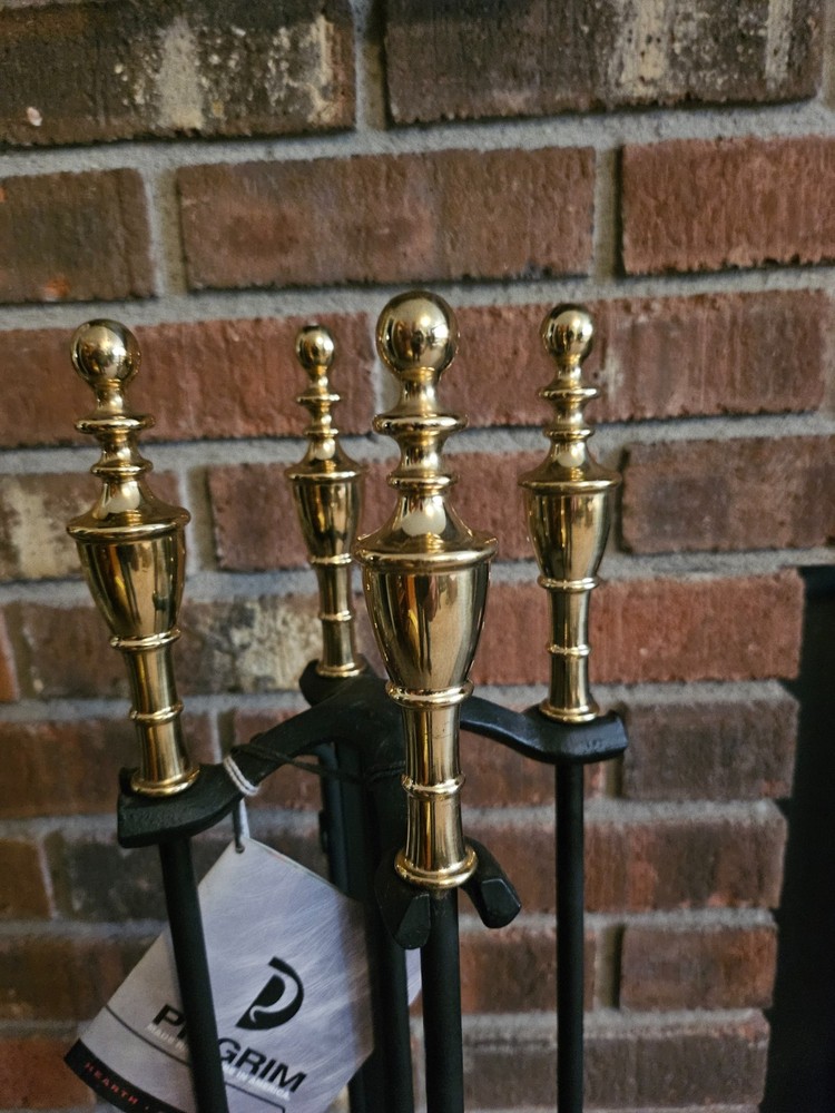Pilgrim Fireplace Fire Set w/ Brass Rail & Urn Handles