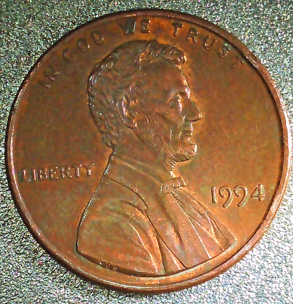 1994-P MEMORIAL CENT, REVERSE DIE CRACK ERROR, RD/BN COLOR, AU/MS, CIRCULATED