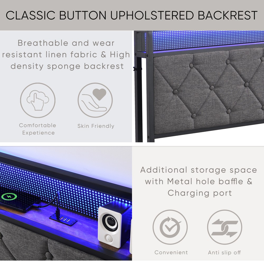 Full/Queen/King Bed Frame with Storage Headboard, Charging Station LED Lights,