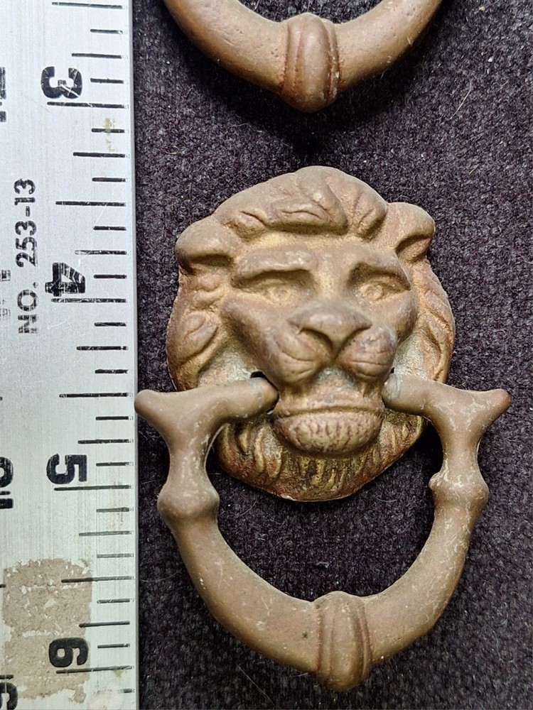 Antique Solid Brass Door Knocker Style Ring Drawer Pull with Lion's Face Pair