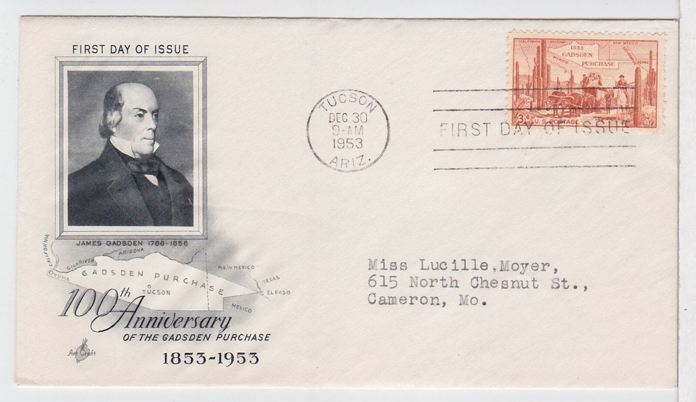 TurtlesTradingPost - Gadsden Purchase- 1953 #1028 FDC - Artcraft Cachet