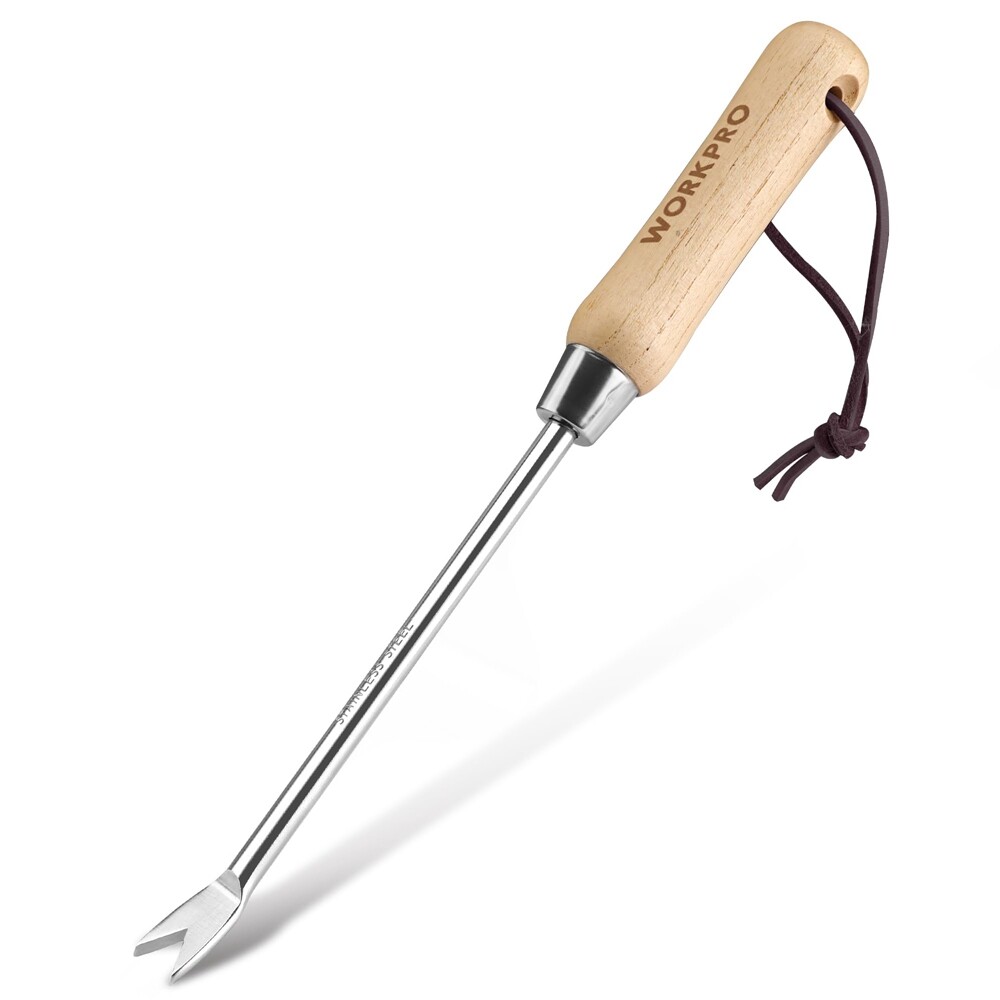 WORKPRO Weeder Puller Tool Wood Handle Weed Remover Tool 2-Pronged Fork Polished
