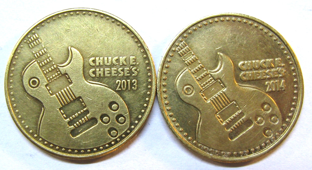 2013 & 2014 CHUCK E CHEESE ARCADE GAME BRASS COIN TOKENS * CHUCK E.ROCKS *