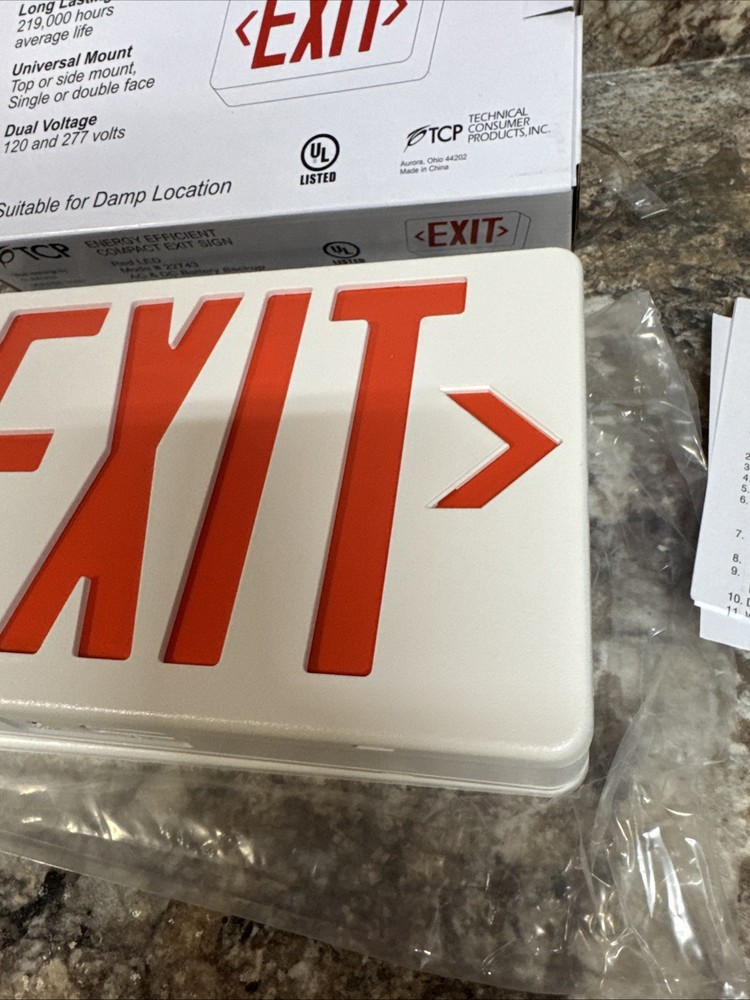 TCP Energy Efficient Compact Exit Sign Red LED 22743 Battery Backup