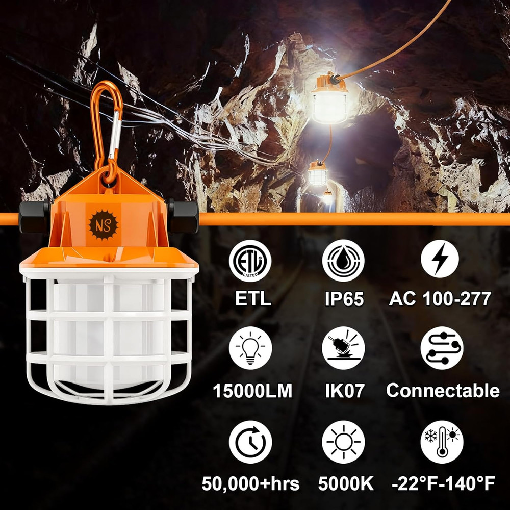100FT LED Construction String Lights, 15000LM, IP65, 10 Bulbs, Linkable