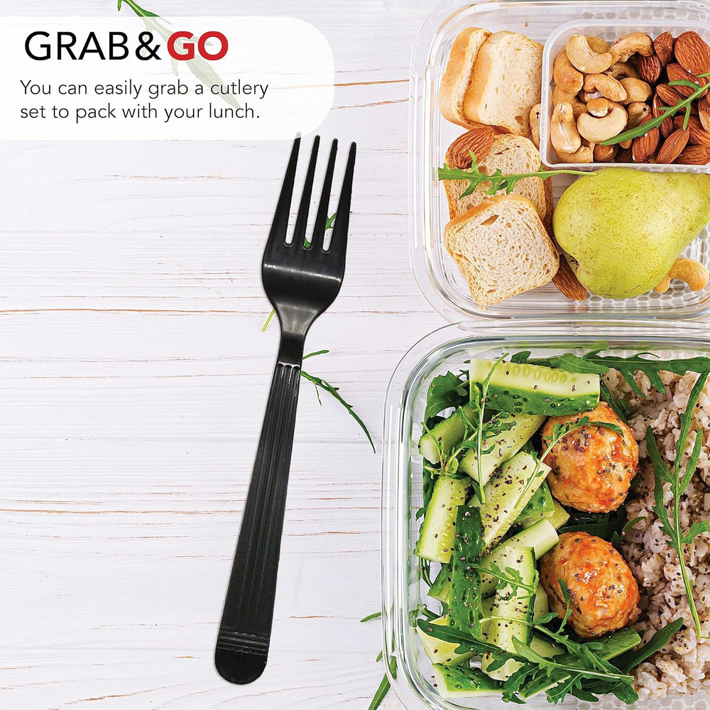 Individually Wrapped Black Plastic Utensil Sets/Heavy Duty Flatware Packs, Fork,