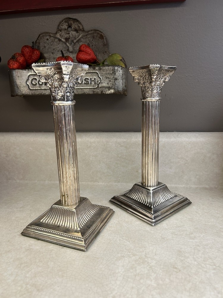 Antique Silver Plated Neoclassical Corinthian Column Taper Candlestick Pair