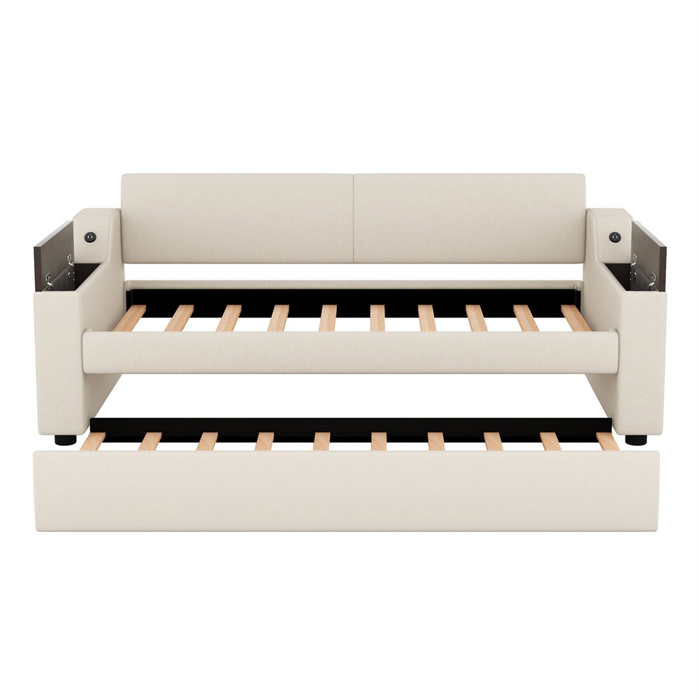 Twin Size Daybed Upholstered Bed Frame Sofa Bed with Trundle Bed Beige US