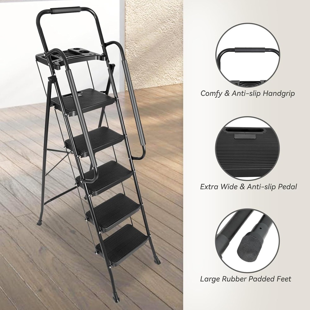 5 Step 330 lbs Non-Slip Stool Ladder with Handrails folding Tool Tray Platform