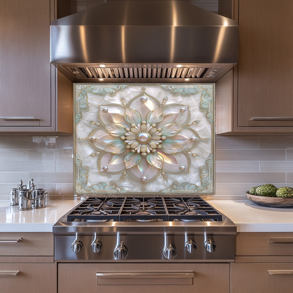 Pearl Look Tempered Glass Kitchen Wall Panel | Elegant Kitchen Decor