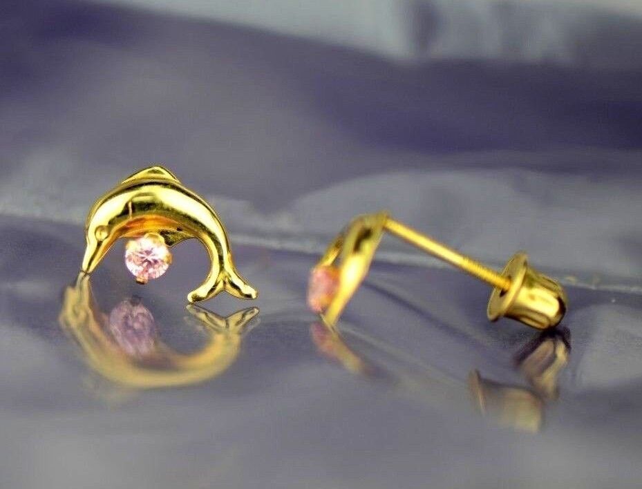 14k yellow gold dolphin earrings stud cz