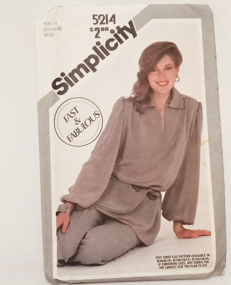 Misses Pullover Tunic Pull-on Pants Size 6 8 10 Simplicity 5214 Uncut 1981