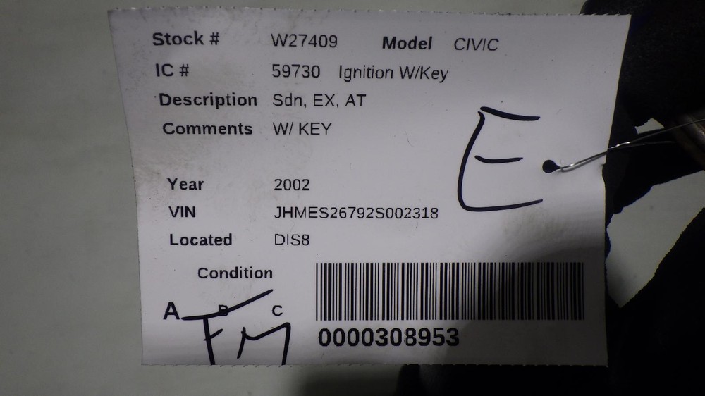 02 HONDA CIVIC Ignition W/Key