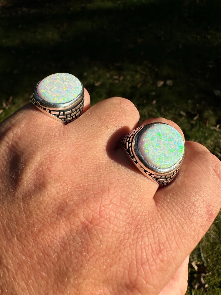 Real 925 Sterling Silver Lab Created White Fire Opal Gem Stone Ring Large Mens
