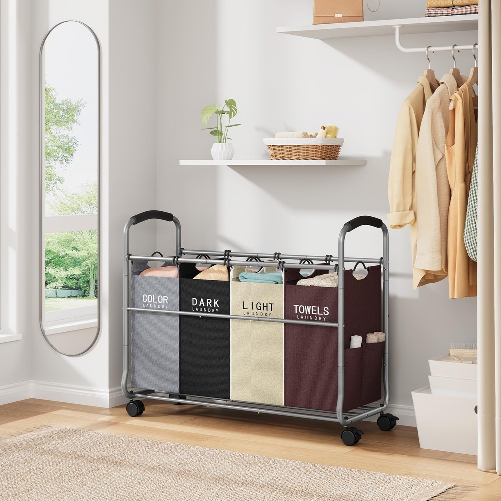 Laundry Sorter 4 Sections, Laundry Separator Hamper with Heavy Duty Lockable ...