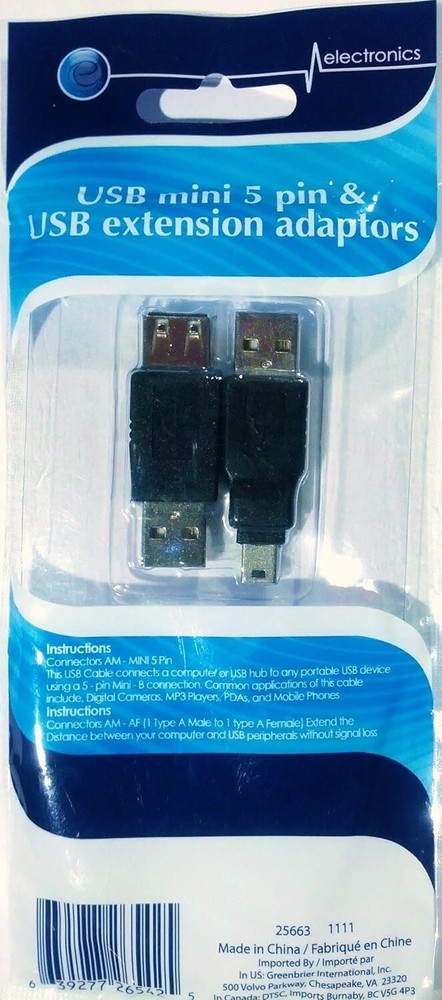 Mini 5 Pin USB & USB Extension Adapters New in package Greenbrier