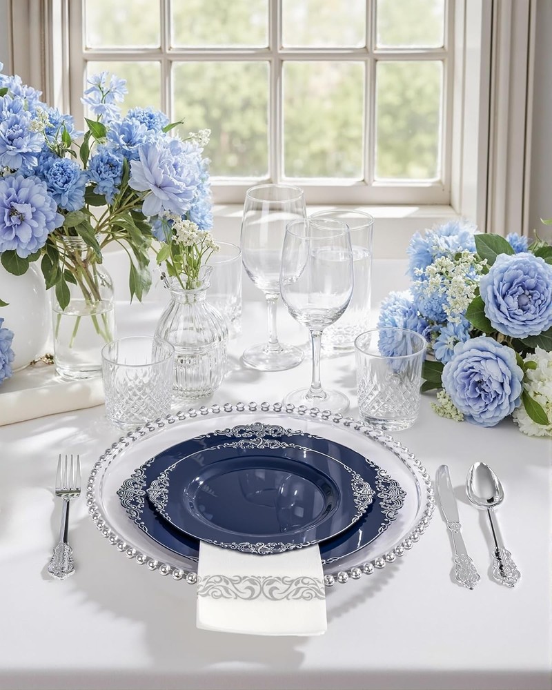 175pcs Blue & Silver Plastic Plates Elegant Disposable Dinnerware Set Suitable