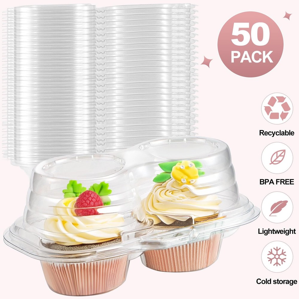 50 Pcs 2 Compartment Cupcake Container,Cupcake Carrier Holder,2 Cavity Cupcak...