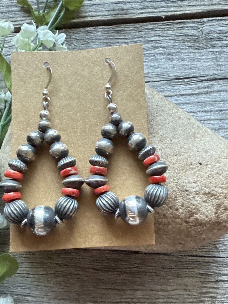 Sterling Silver Red Spiny Oyster Shell W Pearls Bead Loop Earrings. 2.4 Inch