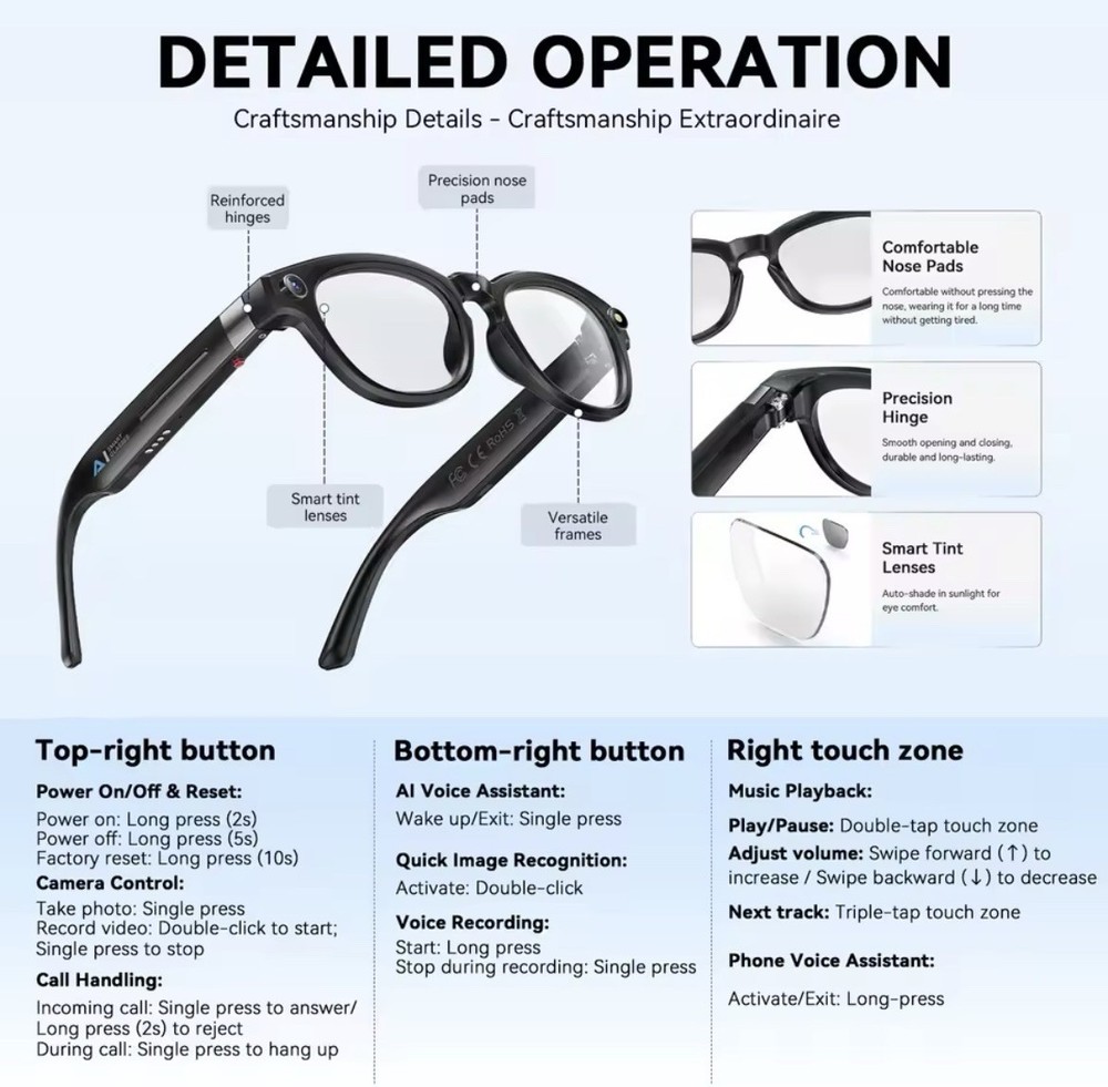 Smart Glasses 4K Camera Bluetooth AI Voice Assistant Android iOS