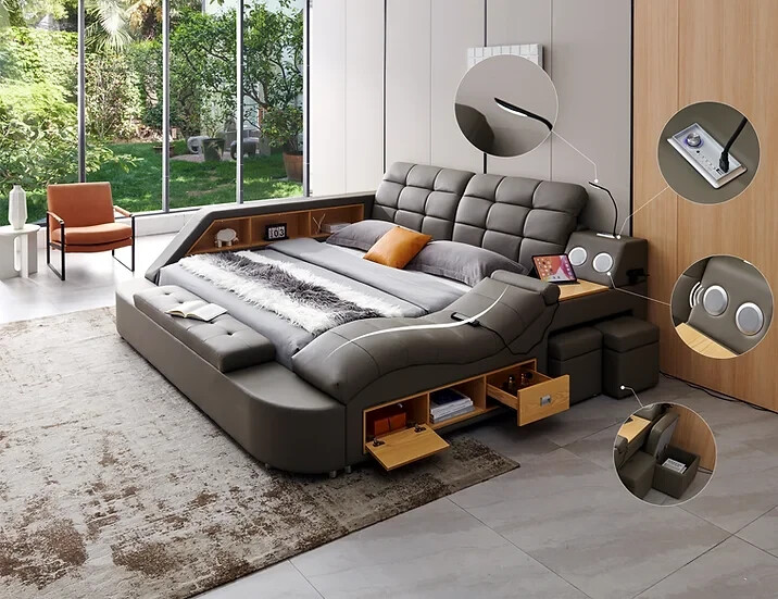 Multifunction Storage bed with bluetooth speaker, massage lounge Italian leather