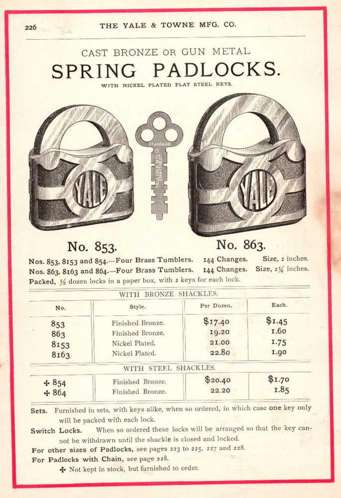 1884 Yale Lock Padlock Advertisement Catalog Page