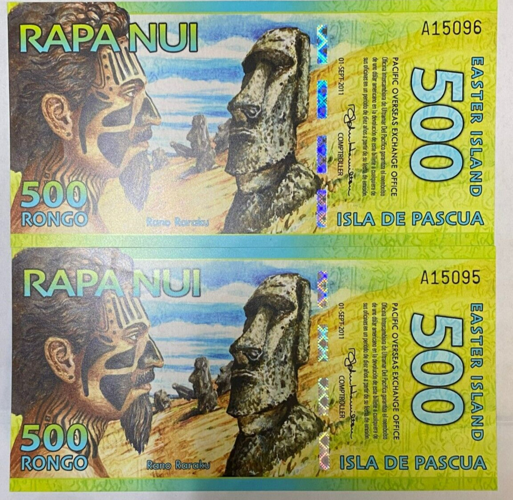 EASTER ISLANDS CONSECUTIVE PAIR FIVE HUNDRED 500 RONGO "A" PREFIX UNCIRCULATED