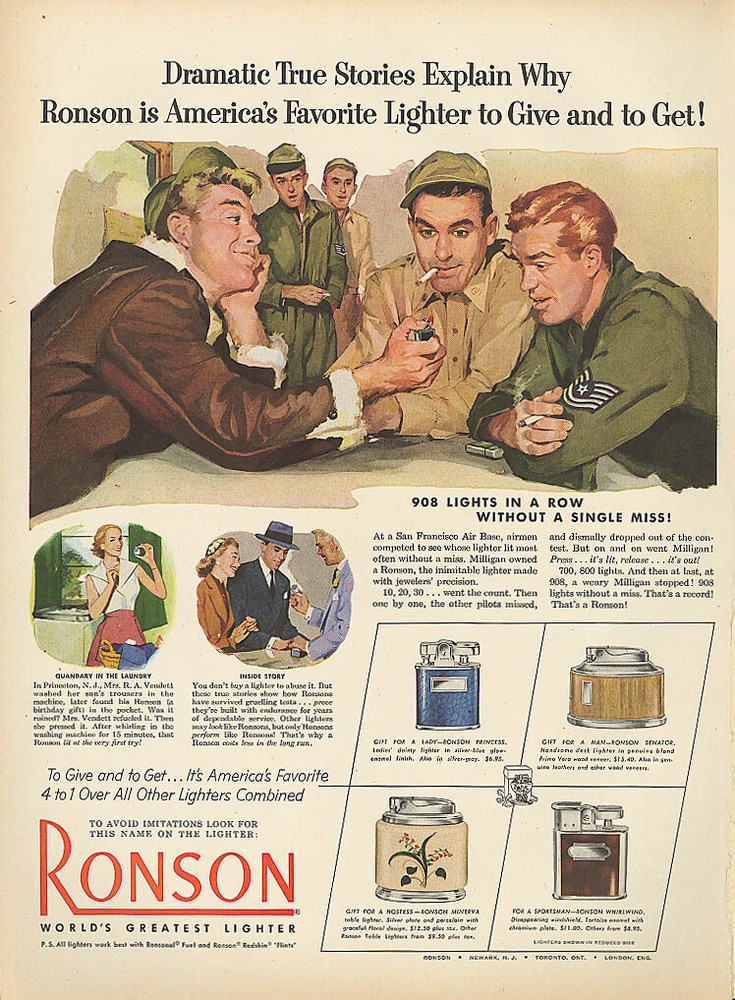 908 lights in a row Ronson lighter ad 1952