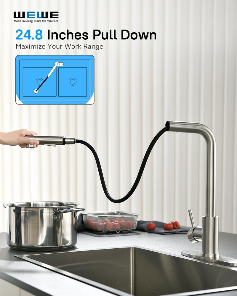 Single Handle Pull Down Kitchen Faucet, High Arc Brushed Nickel Stainless Ste...