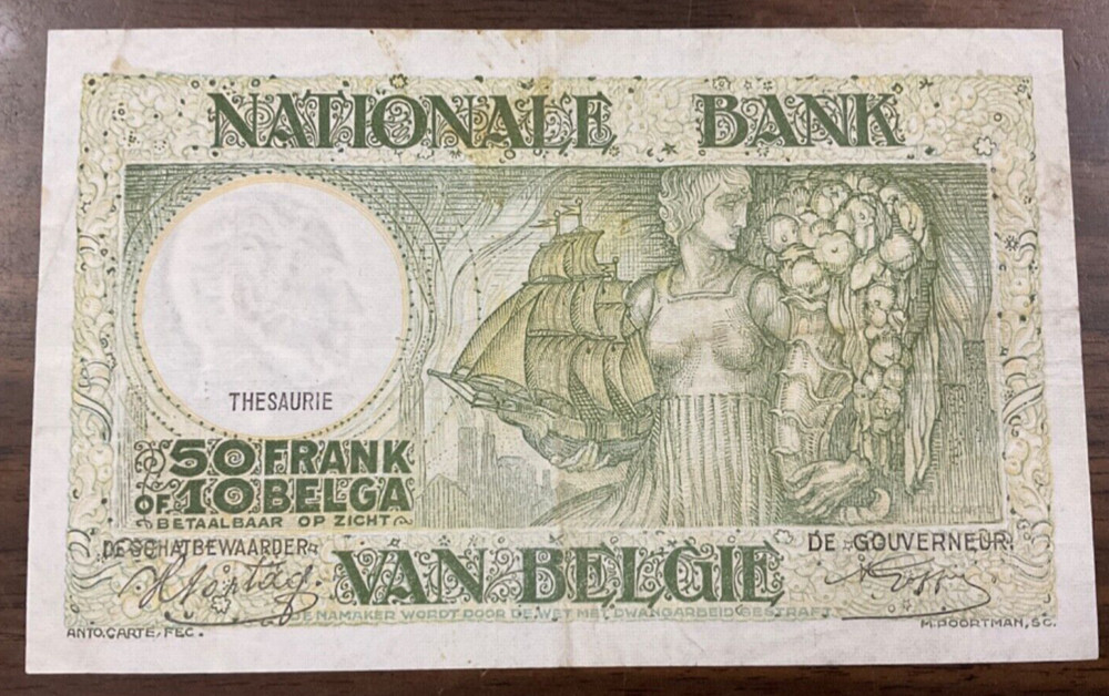 Belgium 50 Francs Banknote - 1943 P-106 VF.