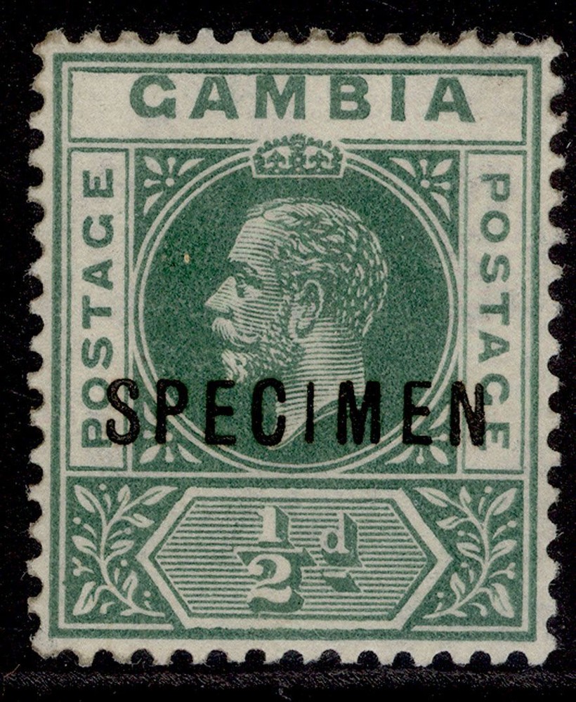 GAMBIA GV SG108s, ½d dull green, M MINT. SPECIMEN. WMK SCRIPT